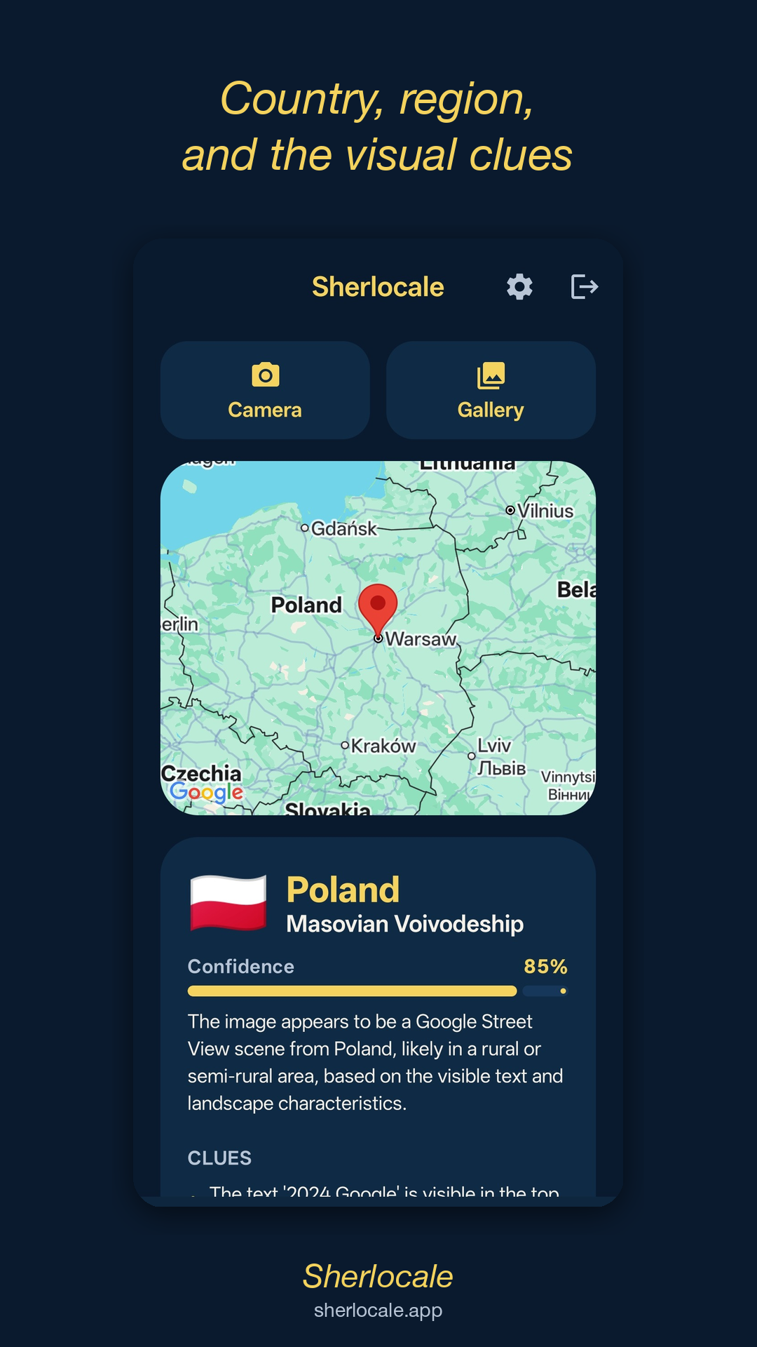 Sherlocale result screen showing a country guess on a map